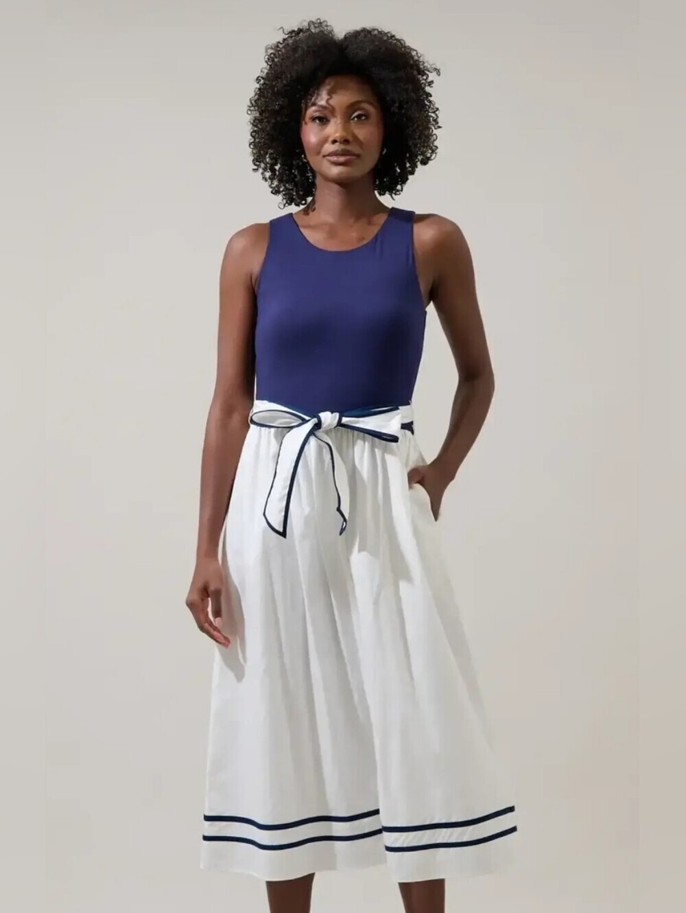 NWT Sugarlips Navy & White Sleeveless Tie-Waist Maxi Dress PTP 21